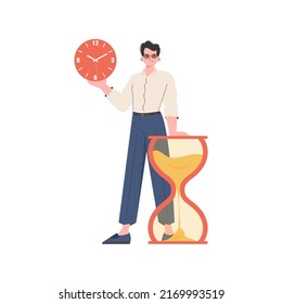 A man stands in full growth and holds a watch in his hands. Isolated. Element for presentation. Vector illustration