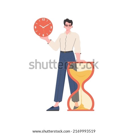 A man stands in full growth and holds a watch in his hands. Isolated. Element for presentation. Vector illustration