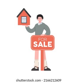 A man stands in full growth with a house model and a sale sign. Isolated. Flat style. Element for presentations, sites. Vector illustration