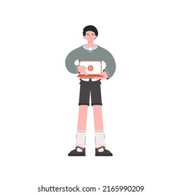 A man stands in full growth with a laptop. Isolated. Element for presentations, sites. Vector illustration