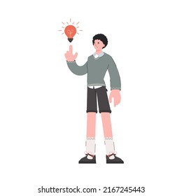 A man stands in full growth with a light bulb. Isolated. Element for presentations, sites. Vector illustration