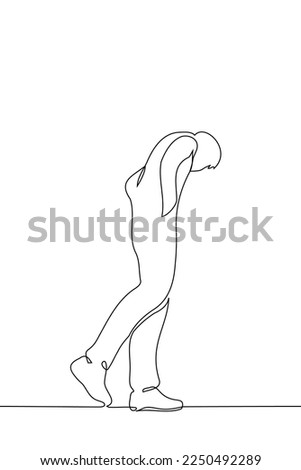 man stands in full growth and looks from above at something below - one line drawing vector. concept to look into the neighbors, the upper social class is watching the lower