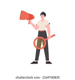 A man stands in full growth with a magnifying glass and a loudspeaker in his hands. Isolated. Element for presentation. Vector illustration