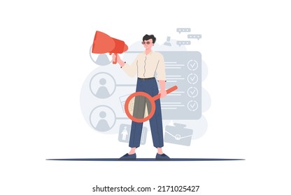 A man stands in full growth with a magnifying glass. Human resource. Element for presentation. Vector illustration