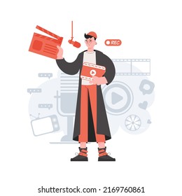 A man stands in full growth with an open clapperboard. Blogging. Element for presentations, sites. Vector illustration