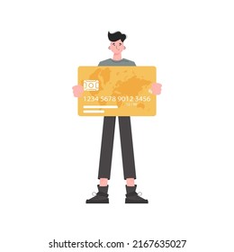 A man stands in full growth with a plastic card in his hands. Isolated. Flat style. Element for presentations, sites. Vector illustration