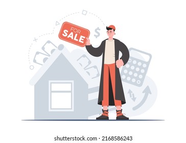A man stands in full growth with a poster about the sale of real estate. Property For Sale. Flat style. Element for presentations, sites. Vector illustration