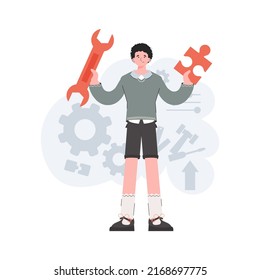 A man stands in full growth with a puzzle in his hands. Tech support. Element for presentations, sites. Vector illustration
