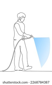 man stands in full growth and waters from a hose - one line drawing vector. concept to water the lawn or vegetable garden