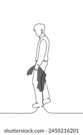 man stands at full height holding his jacket in his hand, half-turning towards the camera - one line vector. concept man leaves, doesn't want to leave. Hand made  vector not AI