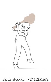 man stands at full height swinging a guitar - one line art vector. music hater concept, musician hysteria. Handmade vector not AI