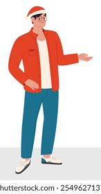 O homem está de pé em plena altura. Jovem usando um chapéu de Papai Noel. Ilustração de vetor plano, eps10
