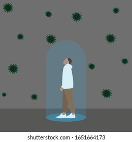 A man stands in a glass flask, and virus molecules fly around