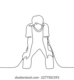 man stands in a half crouch resting his palms on hips - one line drawing vector. fatigue concept, sit down to get a better look