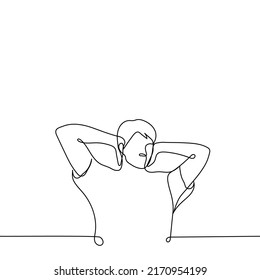 man stands with hands covering ears - one line drawing vector. concept of not wanting to listen, keep your ears away from loud sound, not wanting to hear truth or listen to someone annoying