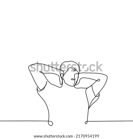 man stands with hands covering ears - one line drawing vector. concept of not wanting to listen, keep your ears away from loud sound, not wanting to hear truth or listen to someone annoying