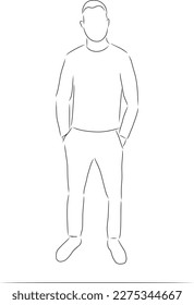 A man stands  hands in pockets  vector  Hand drawn sketch  The man is standing and his hands in his pants pockets 