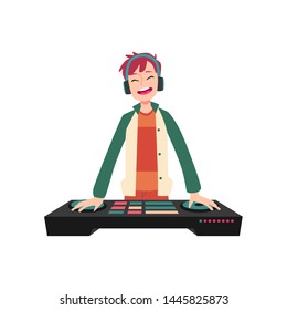 Man stands in headphones holding hands on DJ console cartoon style, vector illustration isolated on white background. Smiling male closed eyes spins mixing deck and plays music on sound board