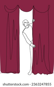 man stands hiding behind a curtain - one line art vector. concept of peeking from behind the curtain, free rider