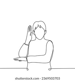 el hombre está de pie con el brazo levantado de los codos arriba, el segundo brazo está al otro lado - un vector de arte de una línea. concepto estudiante masculino levantó la mano, el hombre vota levantando la mano o quiere hacer una pregunta