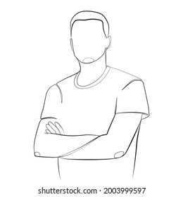 A man stands with his arms crossed on his chest one line drawing on white isolated background