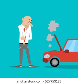 a man stands with his arms folded. looks at the broken car. vector illustration of cartoon