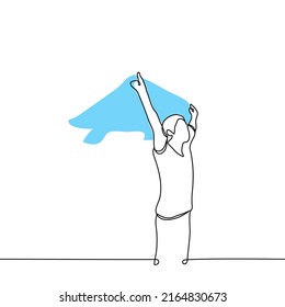 man stands with his arms raised in which his jacket flutters in the wind - one line drawing vector. concept spirit of freedom, rebellion, youth