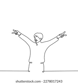 man stands with his arms raised to the sides showing a gesture of peace - one line drawing vector. concept smile and peace gesture