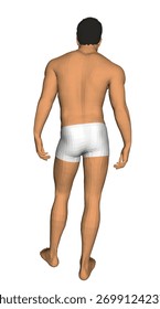 Um homem fica de costas para a câmera, vestindo cuecas de boxeador branco contra um fundo branco brilhante em um estilo de arte poligonal.