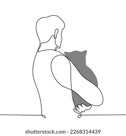 man stands and his back to the viewer holding fat gray cat in his hands    one line drawing vector  concept cat lover cuddles and pet