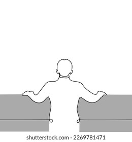 man stands with his back to the viewer with his hands on the railing - one line drawing vector. concept observer, lord