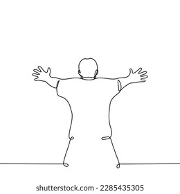 man stands with his back to the viewer, crouching a little, putting his hands forward in front of him, trying to stop something or someone - one line drawing vector. stop the concept