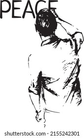 A man stands with his back and writes the word: Peace. Anti war black and white vector illustration.