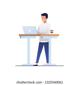 man stands at his desk with a laptop, a cup of coffee. flat character. modern flat illustration