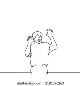 Man Stands With His Fingers Bent Like Paws With Claws Like Those Of A Predatory Beast - One Line Drawing Vector. The Concept Of An Imitation Of A Growl, A Playful Attempt To Scare, A Game That Depicts