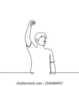 man stands with his fist up - one line drawing vector. concept leadership, revolution, rebellion and uprising, victory gesture, motivation