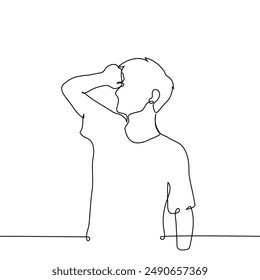 man stands with his fist raised to his forehead - one line art vector. the concept wipe sweat, think hard. Handmade vector not AI