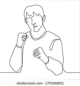 man stands with his fists in front of him, preparing to strike, he looks at the viewer. One continuous line drawing of a male boxer ready to attack