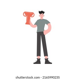 The man stands to his full height with a raised goblet. Isolated. Element for presentations, sites. Vector illustration