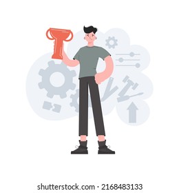 The man stands to his full height with a raised goblet. Victory. Element for presentations, sites. Vector illustration