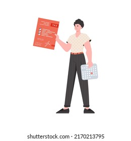 A Man Stands To His Full Height With A Tax Return Form In His Hands. Isolated. Element For Presentation. Vector Illustration