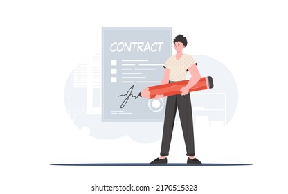 A man stands to his full height and puts his signature with a pencil on a corporate document. Partnership. Element for presentation. Vector illustration