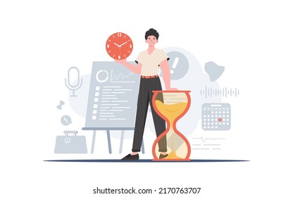 A man stands to his full height next to an hourglass. Time management. Element for presentation. Vector illustration