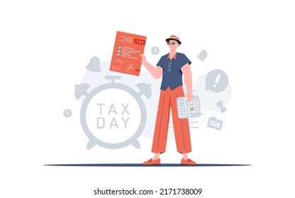 A man stands to his full height and counts taxes. Payment of taxes. Element for presentation. Vector illustration