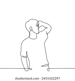 man stands with his hand on her forehead - one line art vector. concept man sweating, fatigue, cringe, increased body temperature, hot. Нand made vector not AI