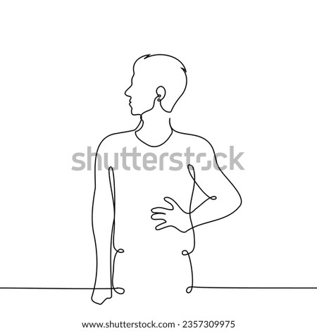 man stands with his hand on hips - one line art vector. the concept proud, arrogant, resentful