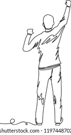 the man stands with his hand raised. winner. one line