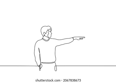 man stands with his hand raised at right angle and points to the right - one line drawing vector. direction sign concept 
