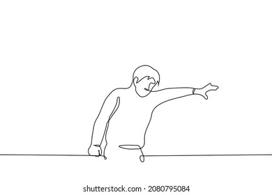 man stands with his hand raised and stretches it beyond the border of illustration towards an invisible goal - one line drawing vector. concept of desire, trying to reach