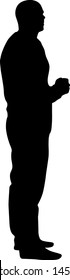 A man stands with his hands in front, silhouette on a white background